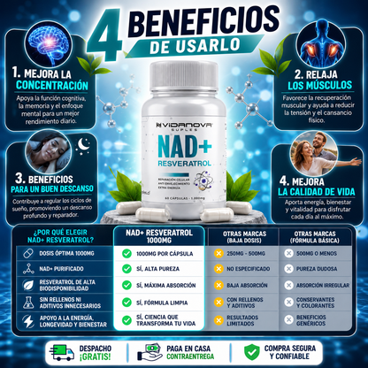 NAD+ RESVERATROL 1000MG 60 CAPS - Antienvejecimiento -  Energía Celular